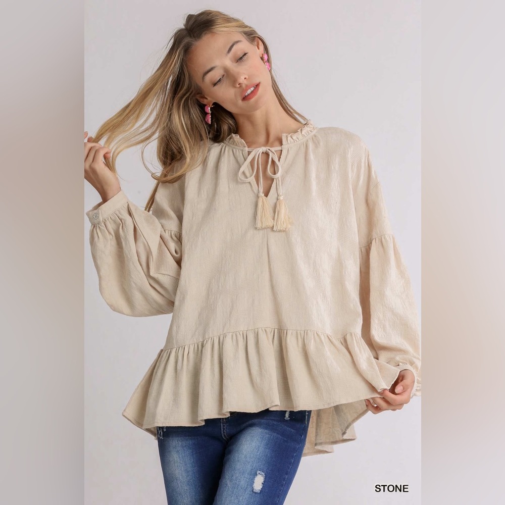 Umgee Beige Ruffle Blouse with Tassels